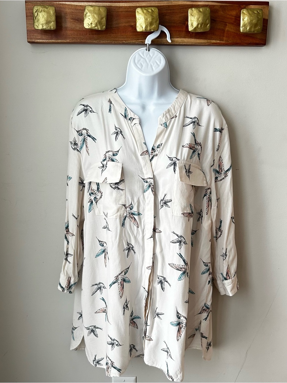 F&F Cream Tunic Hummingbird Blouse Coastal Grandma Oversized Resortwear